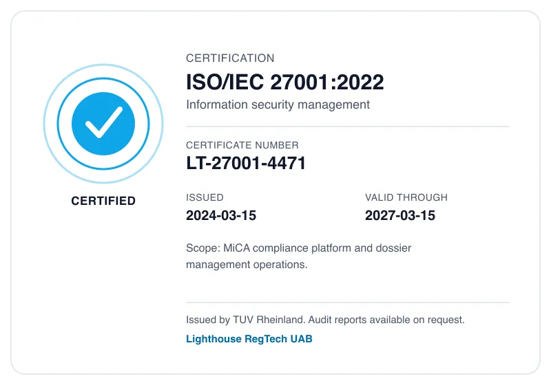 ISO IEC 27001 2022 certificate card showing certificate number LT-27001-4471 and validity dates