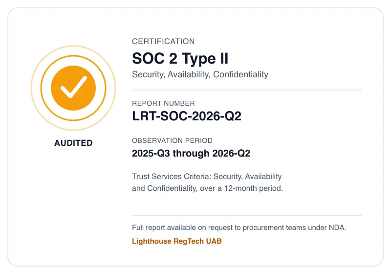 SOC 2 Type II report card showing report number LRT-SOC-2026-Q2 and the observation period
